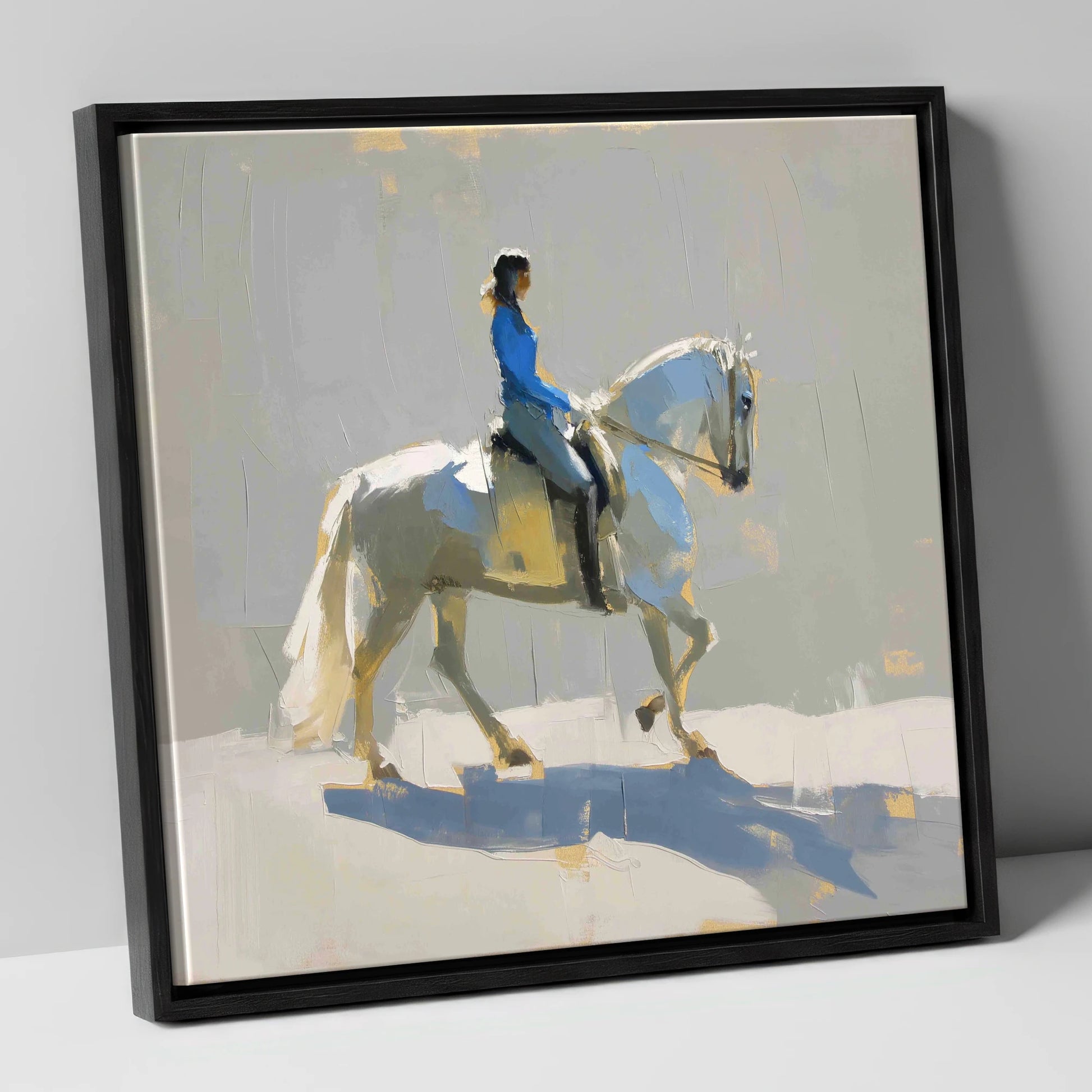 Collected in Blue dressage horse canvas wall art in black frame