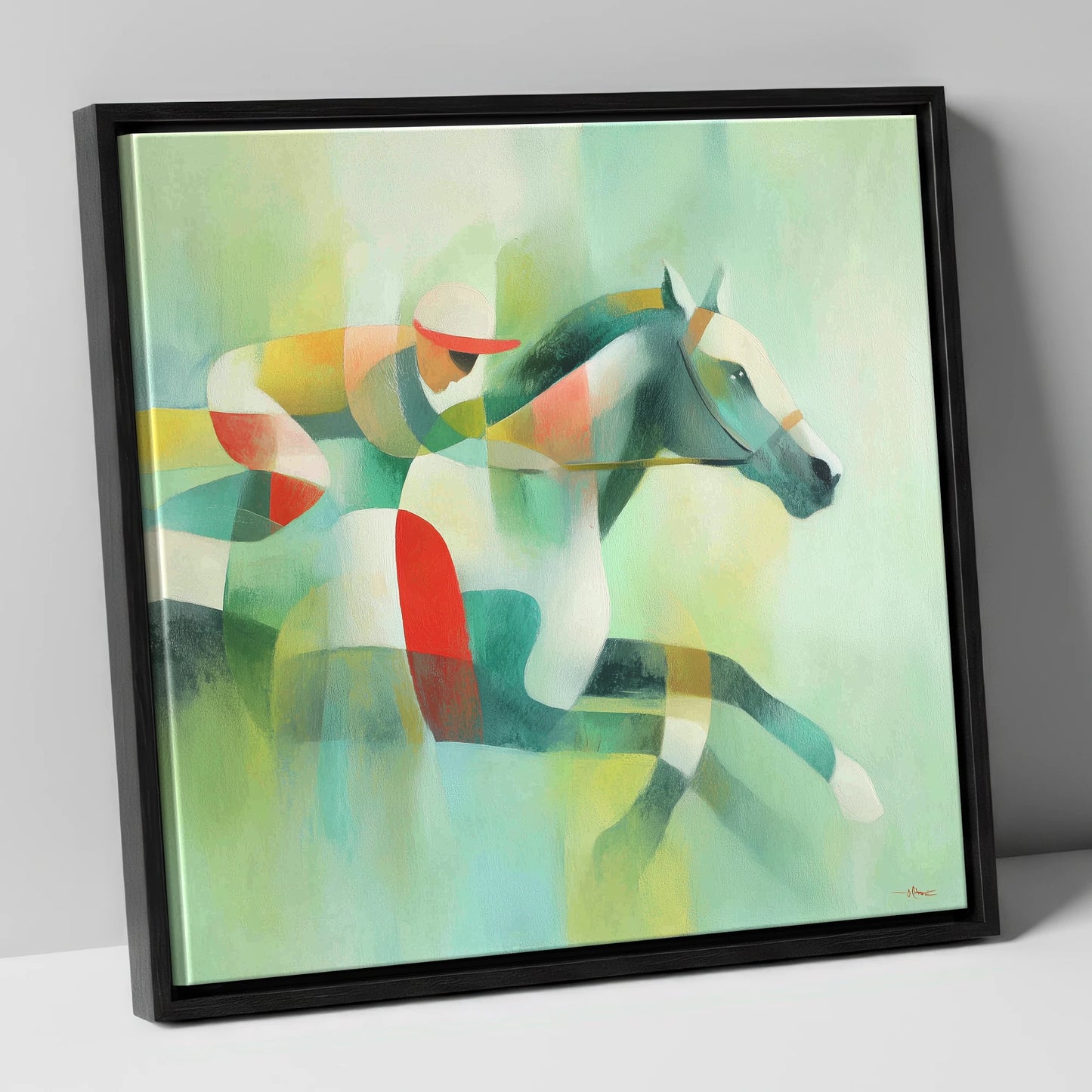 Prismatic Racing Stride racing horse canvas wall art in black frame