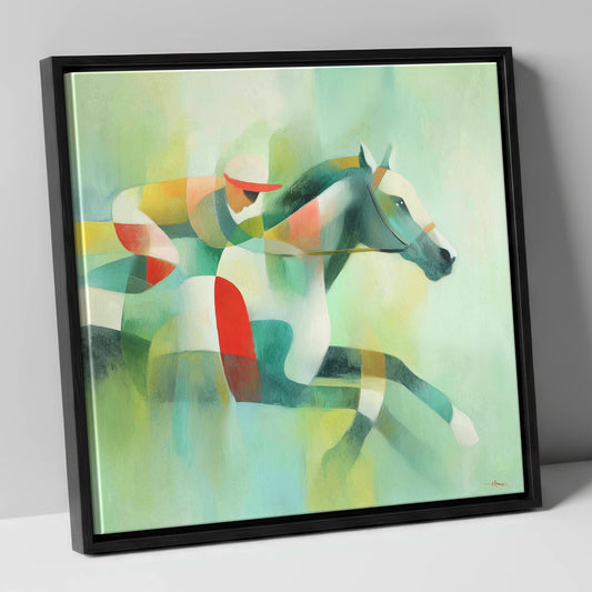 Prismatic Racing Stride racing horse canvas wall art in black frame