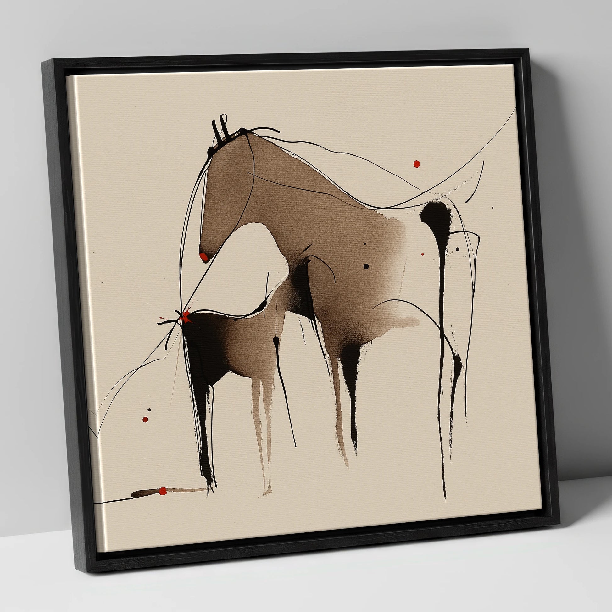 Minimalist Mare and Foal mare & foal canvas wall art in black frame