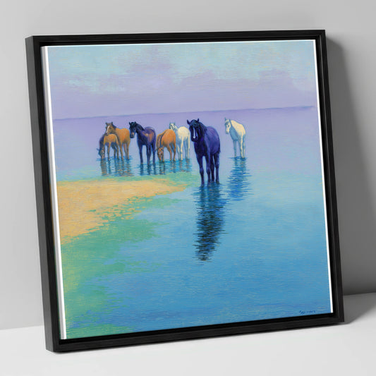 Lavender Shallows wild horses canvas wall art in black frame