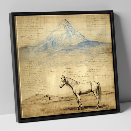 Alpine Journal Study horse landscape canvas wall art in black frame