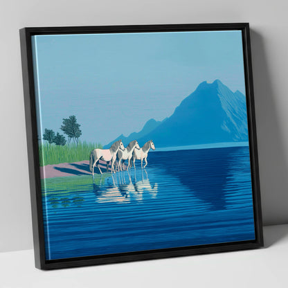 Reflections in Azure wild horses canvas wall art in black frame