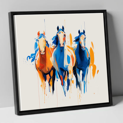 Cobalt and Amber Canter wild horses canvas wall art in black frame