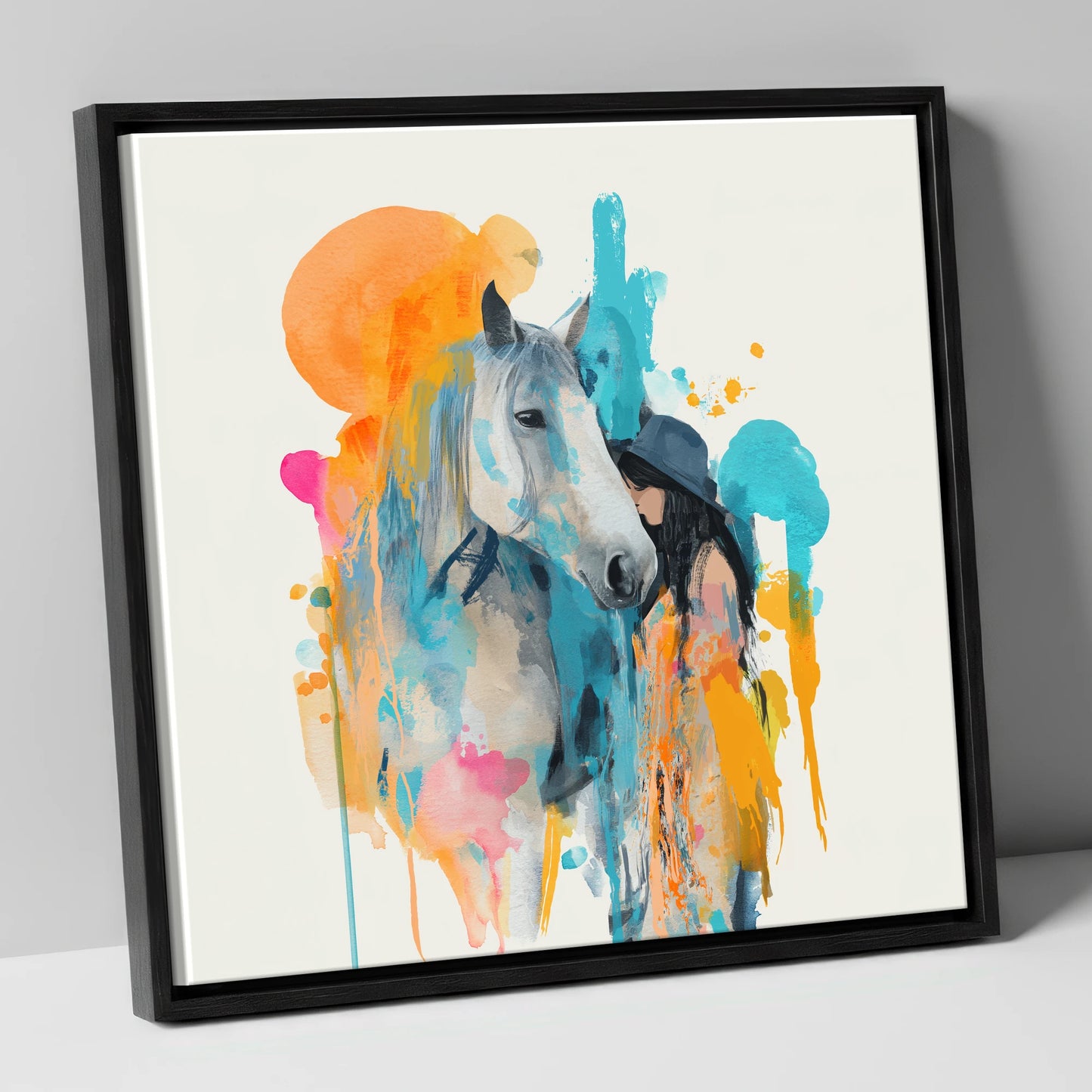 Vibrant Connection horse & rider canvas wall art in black frame