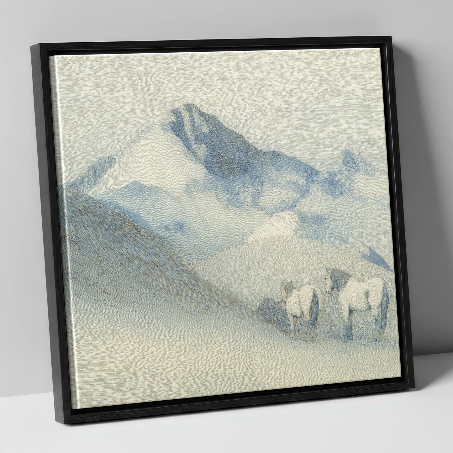Slate Blue Peaks horse landscape canvas wall art in black frame