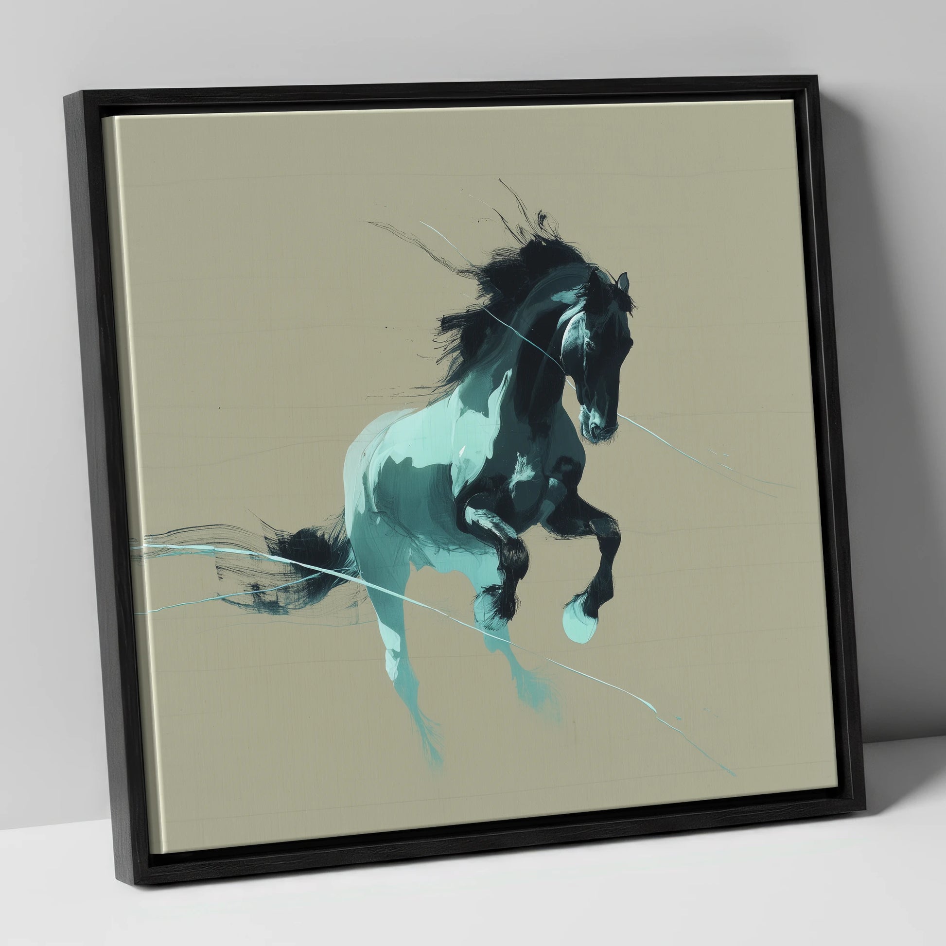 Dynamic Teal Stallion horse breed canvas wall art in black frame