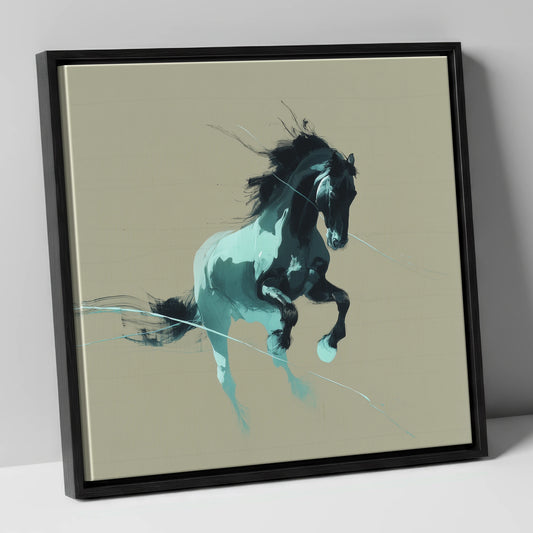 Dynamic Teal Stallion horse breed canvas wall art in black frame
