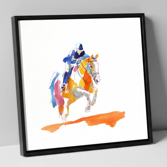 Flight In Colour show jumping horse canvas wall art in black frame