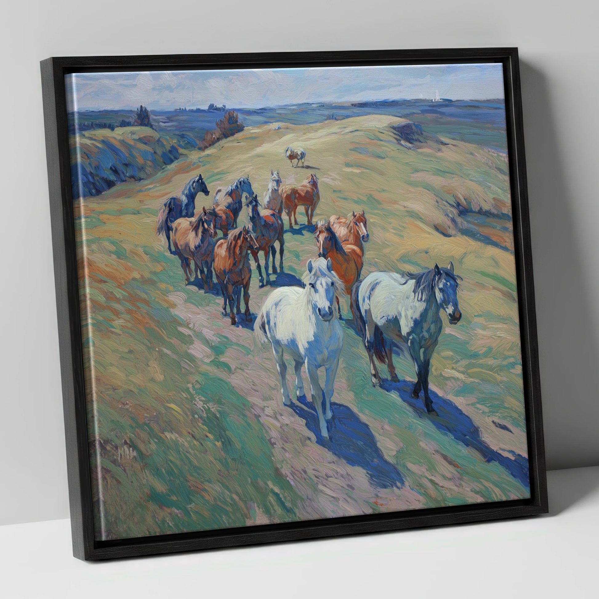 Over the Sunlit Rise wild horses canvas wall art in black frame