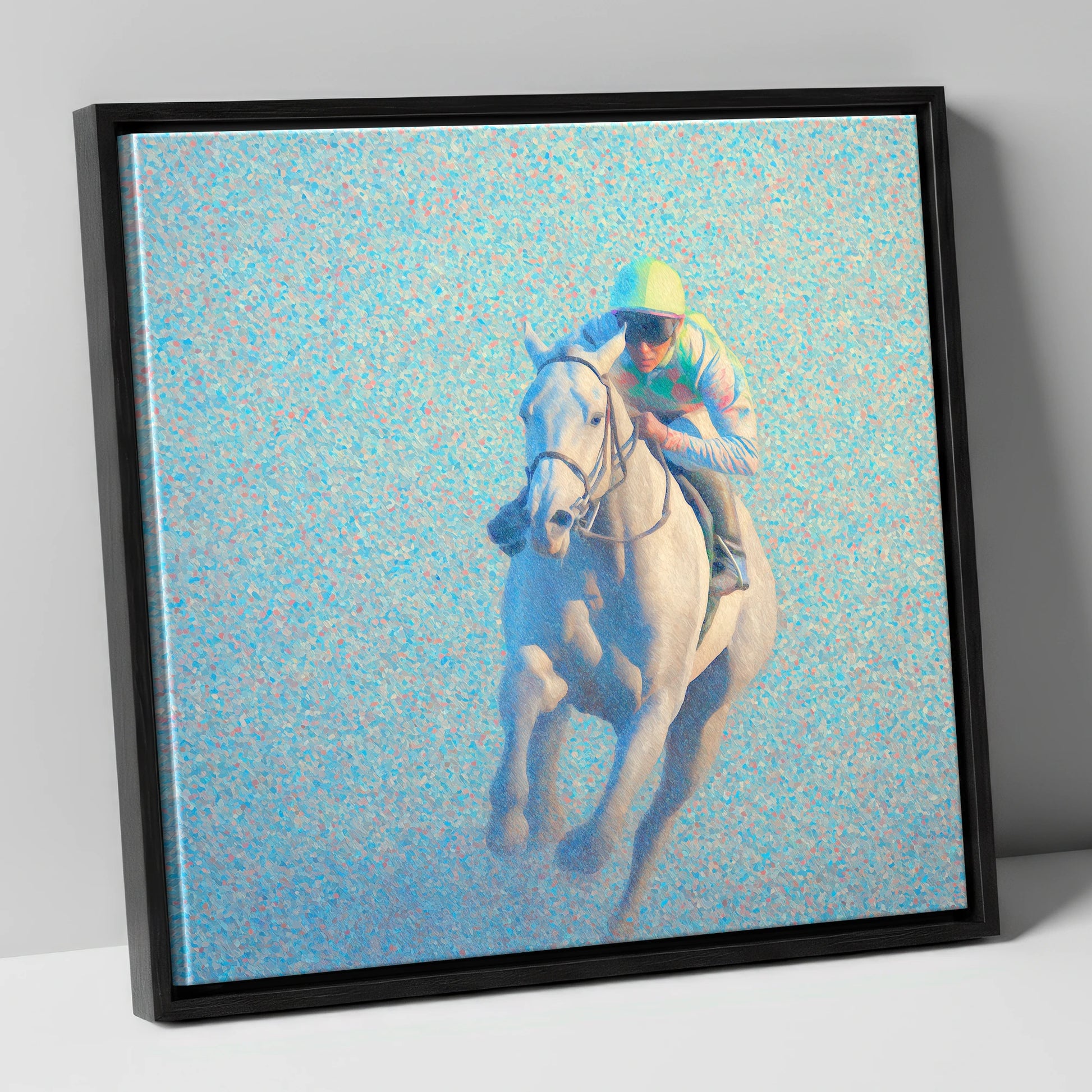 Luminous Gallop racing horse canvas wall art in black frame