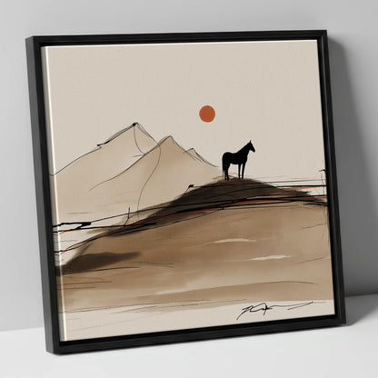Sepia Ridge Silhouette horse landscape canvas wall art in black frame
