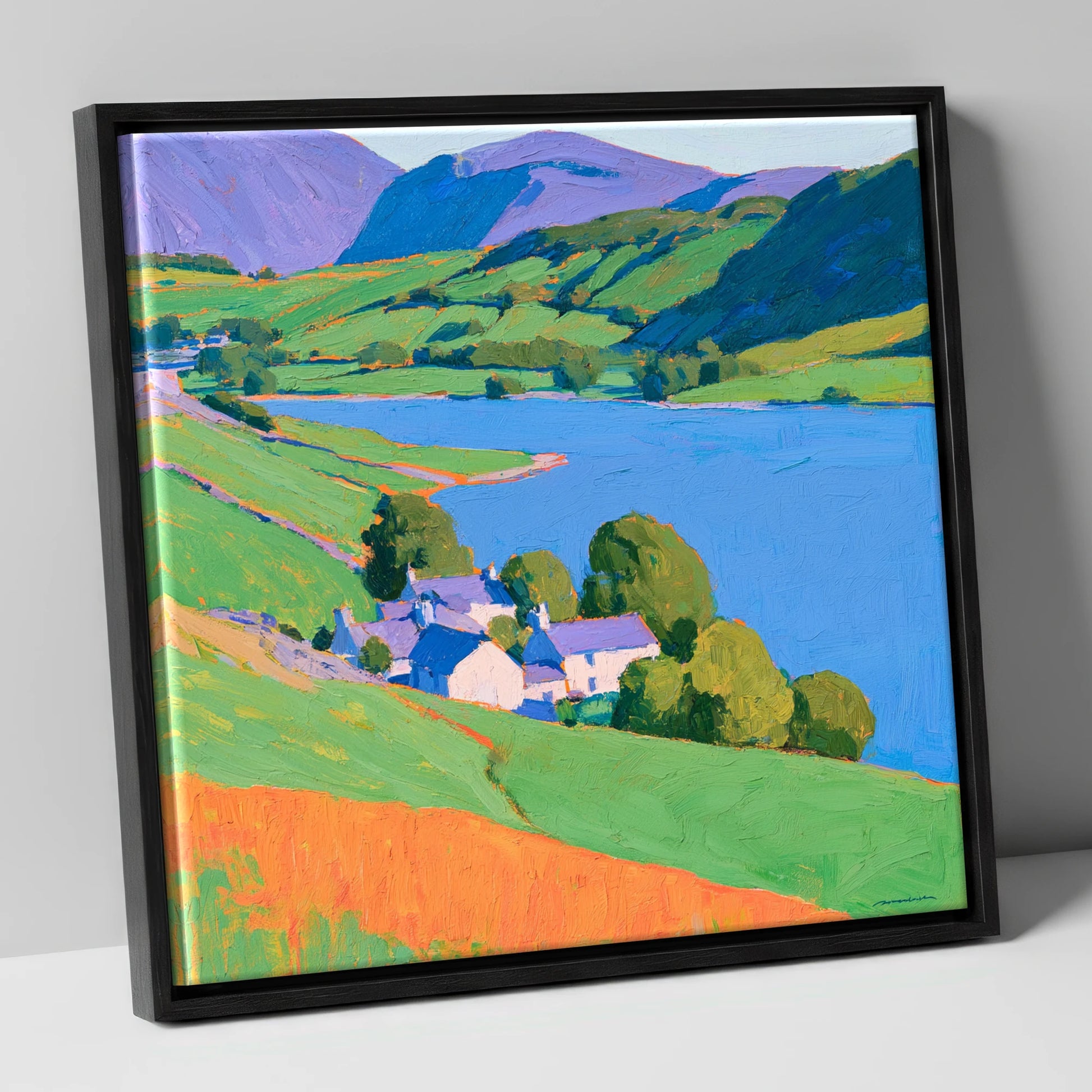 Vibrant Lakeside Valley horse landscape canvas wall art in black frame