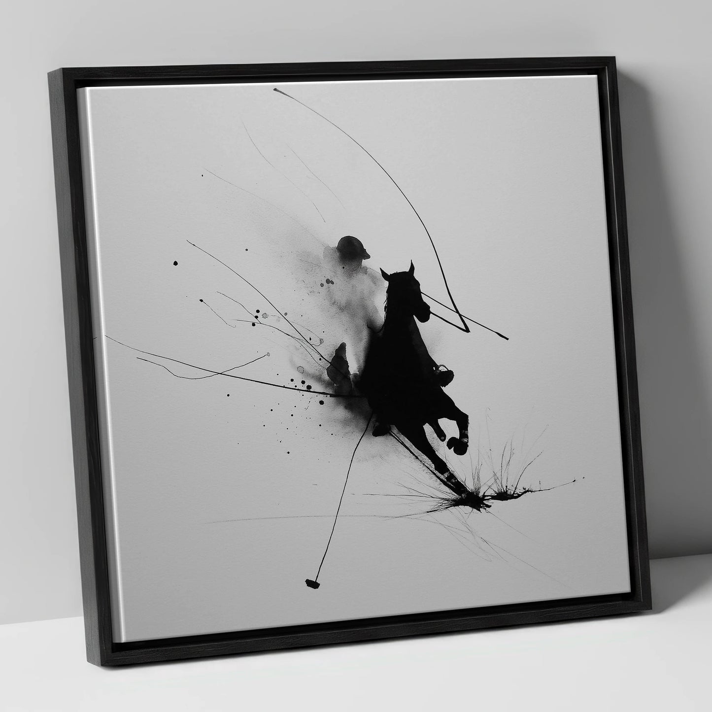 Phantom Polo Strike polo horse canvas wall art in black frame