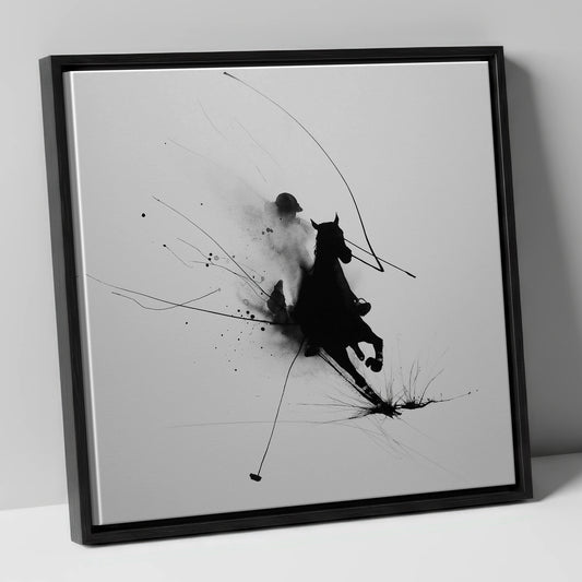 Phantom Polo Strike polo horse canvas wall art in black frame
