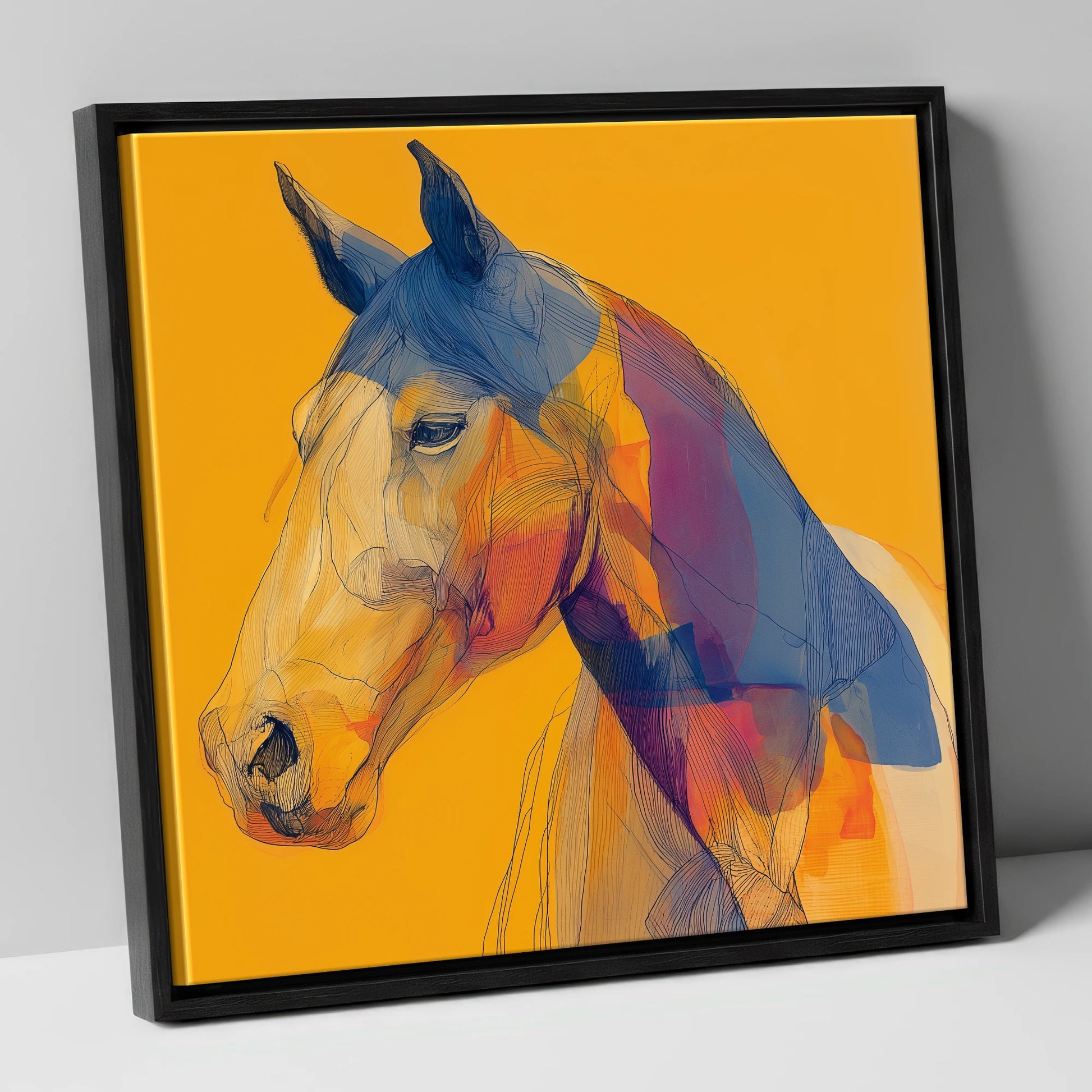 Contemporary Cobalt Equine horse portrait canvas wall art in black frame