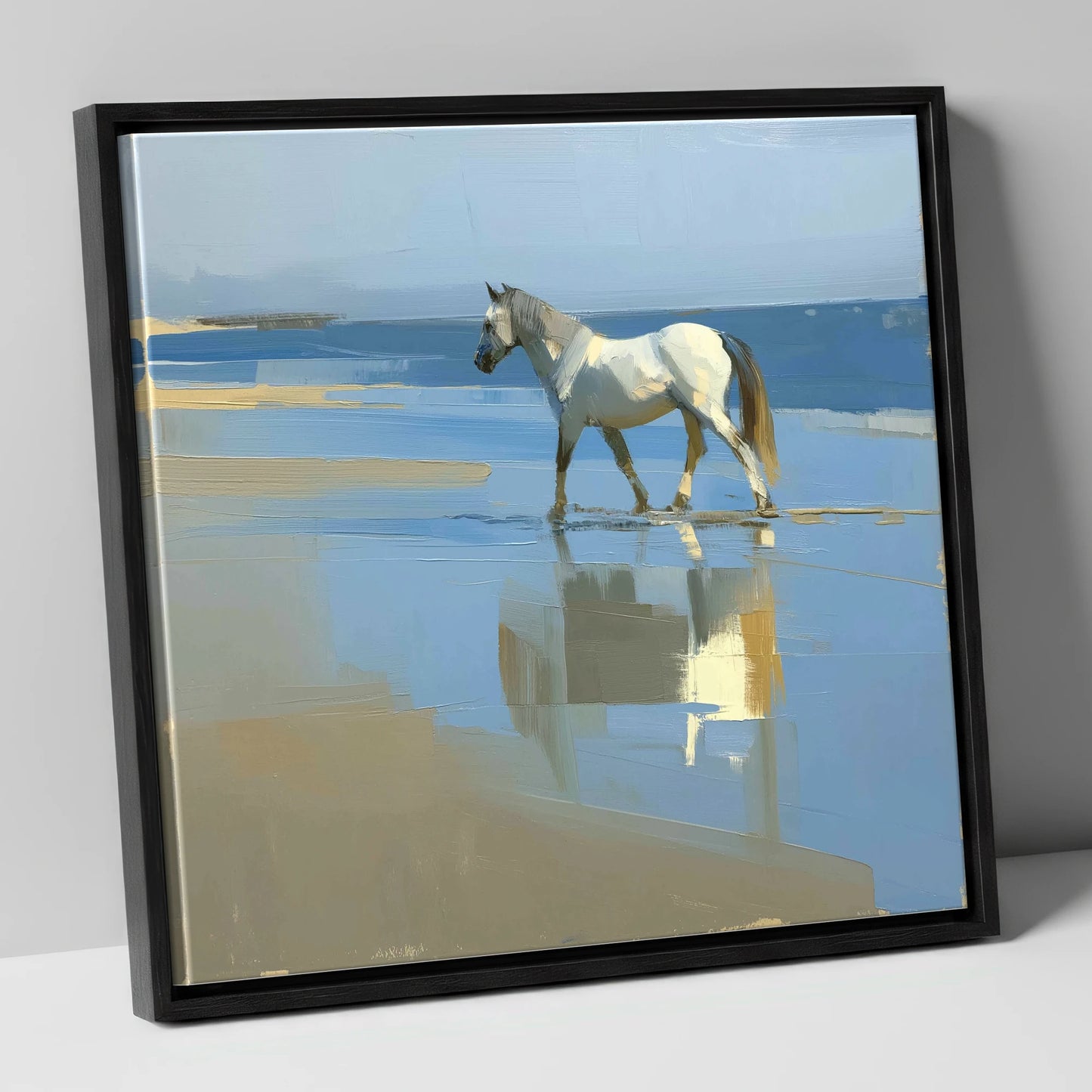 Shoreline Reflection horse landscape canvas wall art in black frame