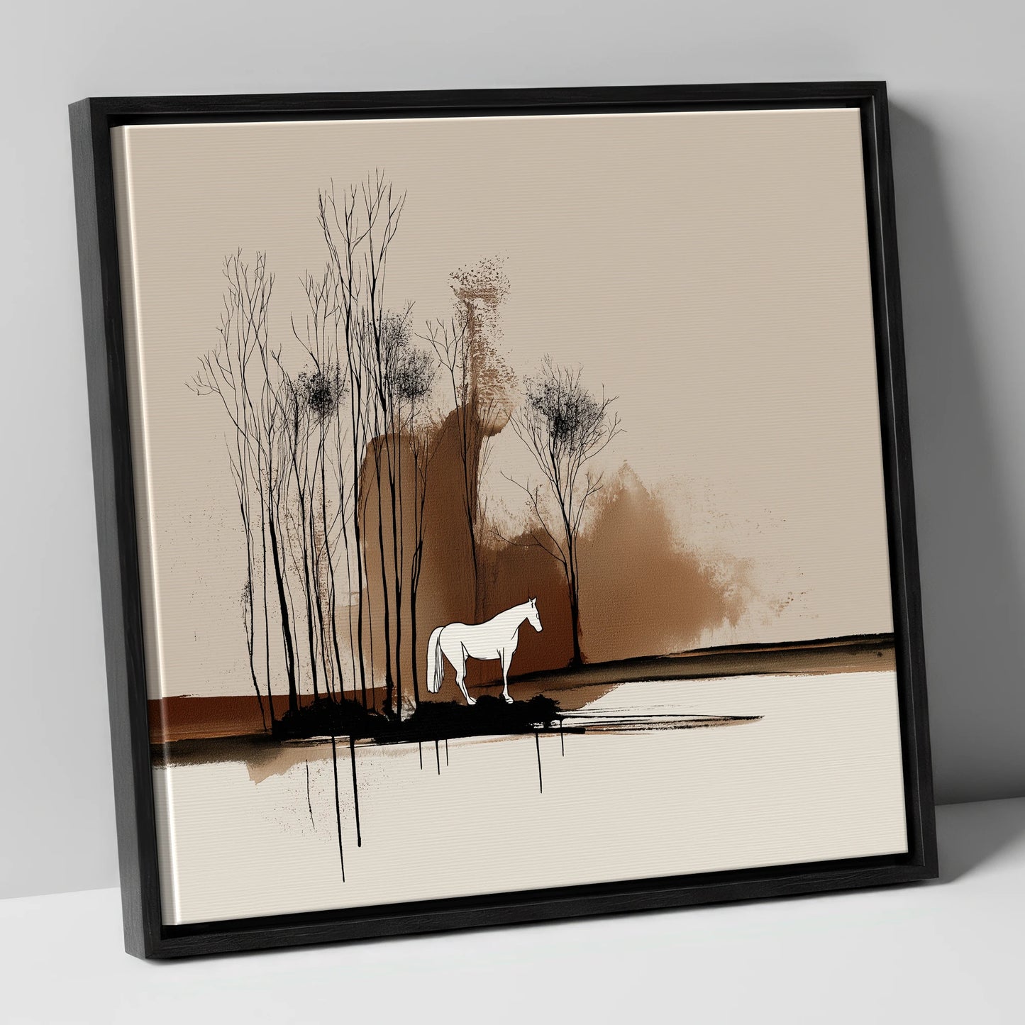 Sepia Woodland Solitude horse landscape canvas wall art in black frame