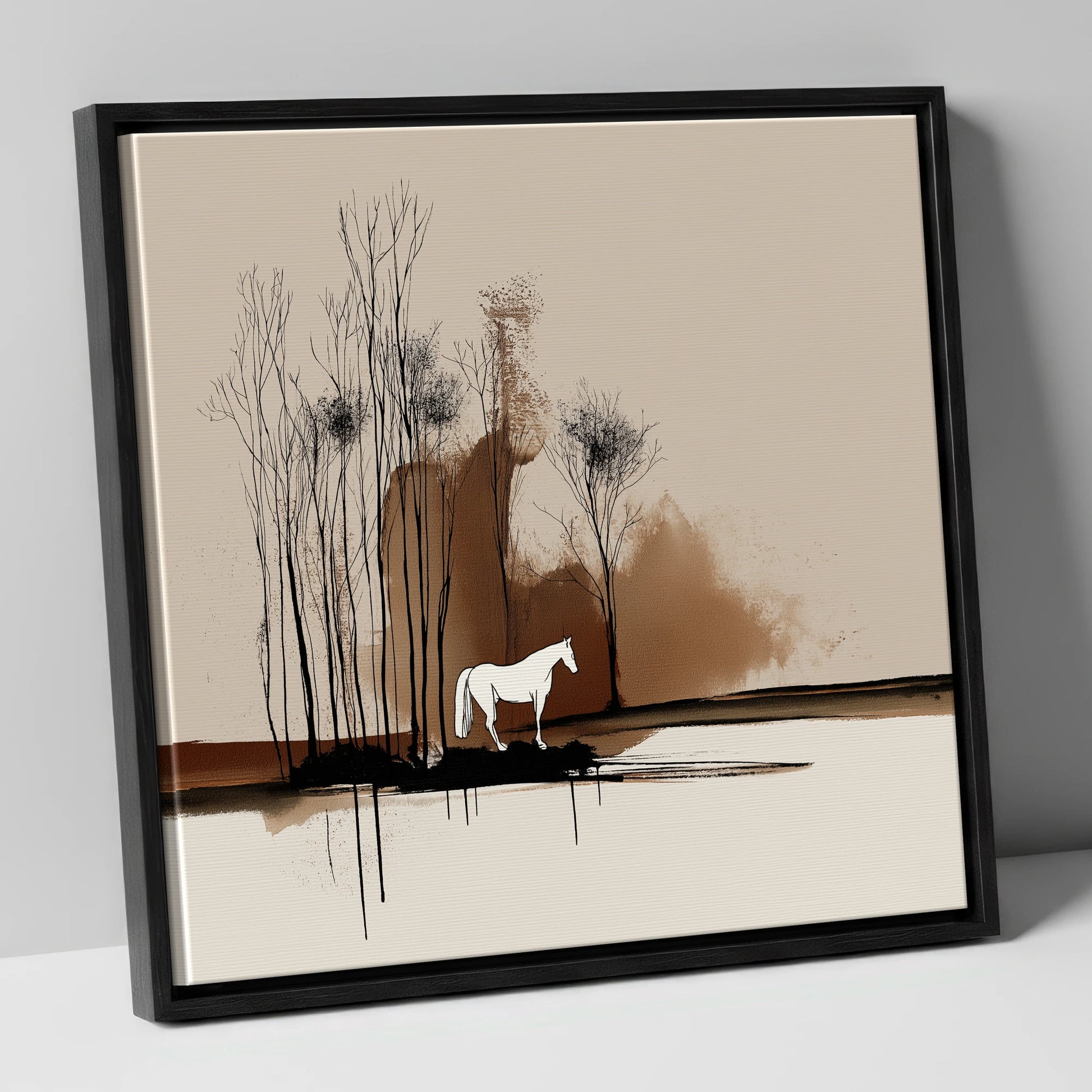 Sepia Woodland Solitude horse landscape canvas wall art in black frame