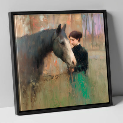 The Silent Bond horse & rider canvas wall art in black frame