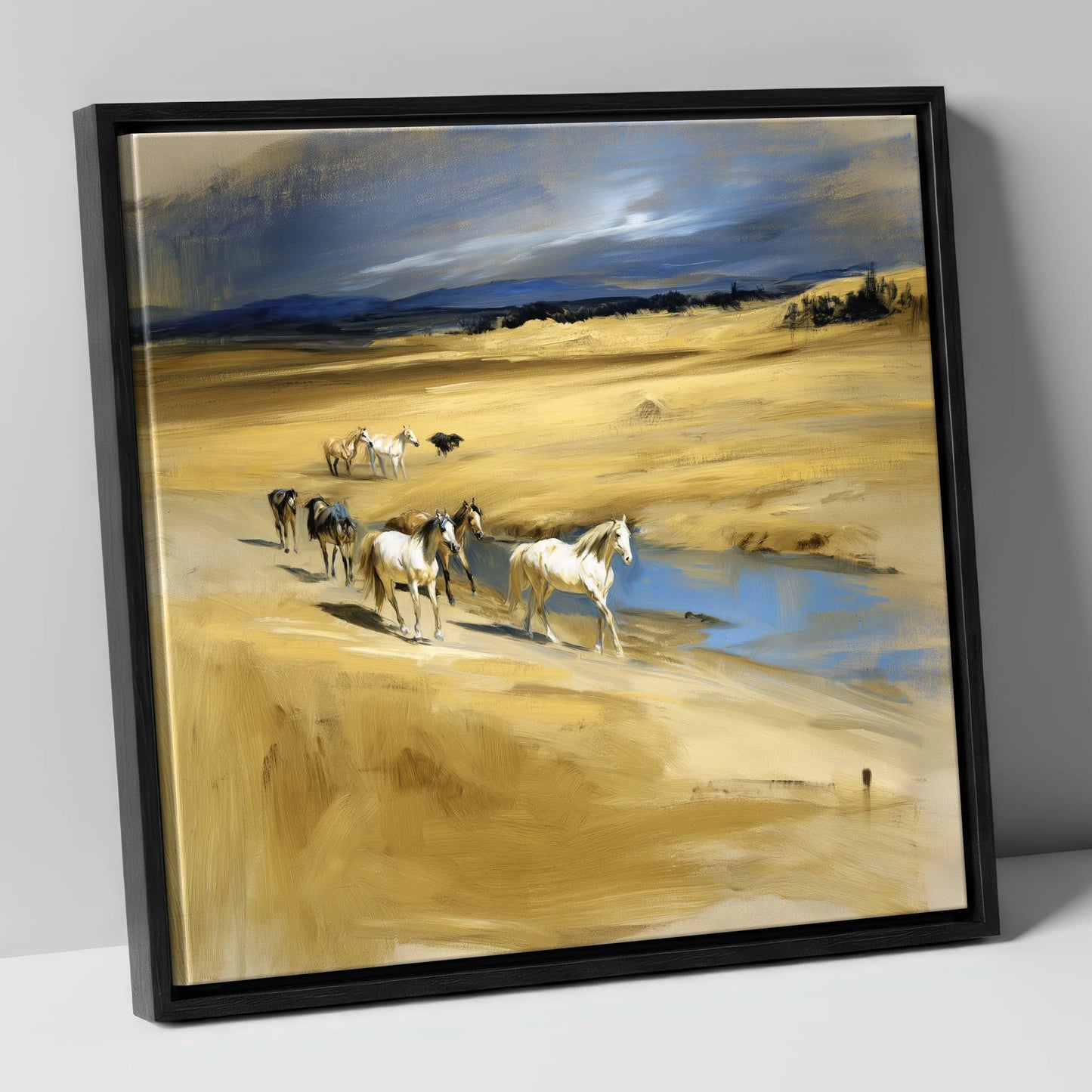 Golden Veldt Crossing horse landscape canvas wall art in black frame