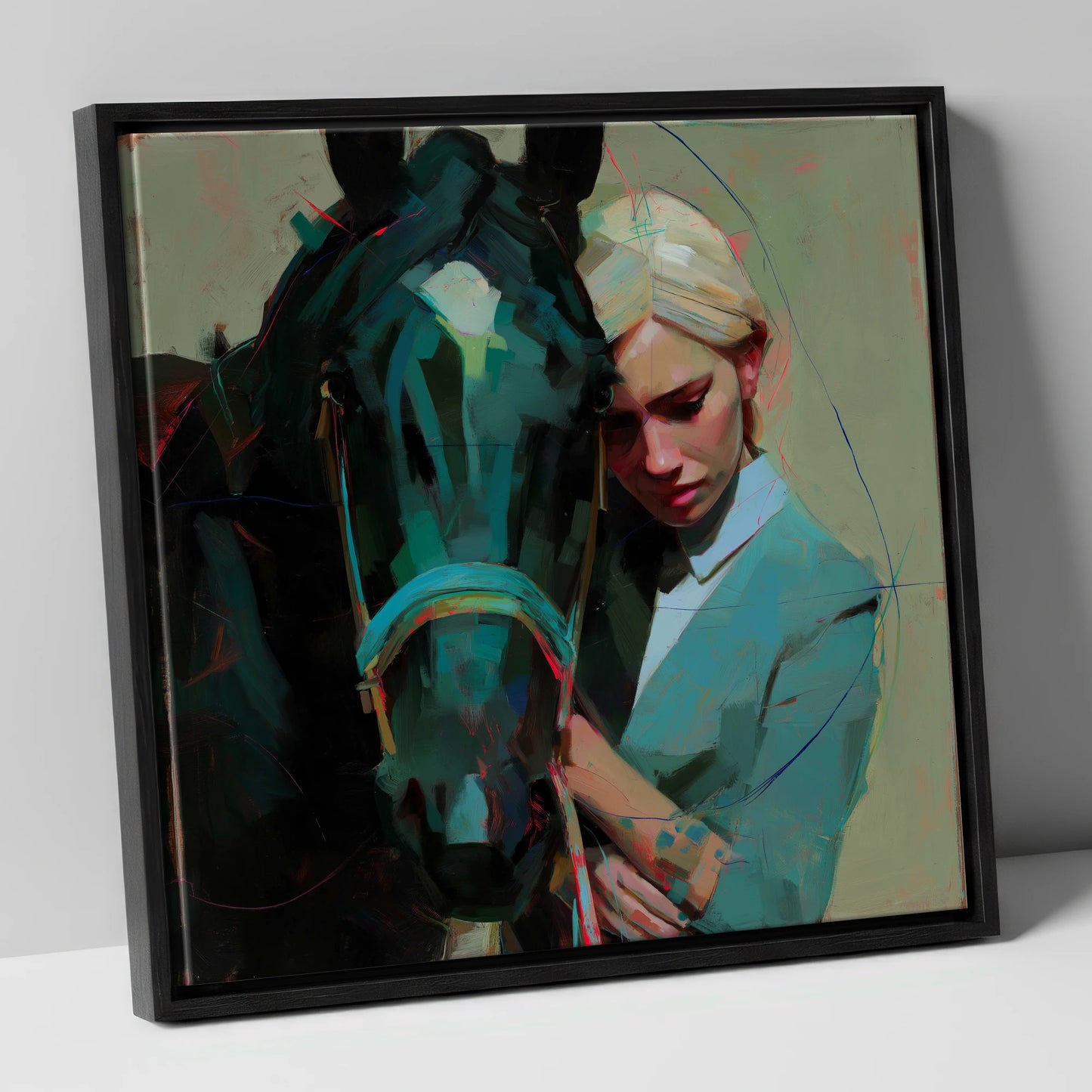 Silent Understanding horse & rider canvas wall art in black frame