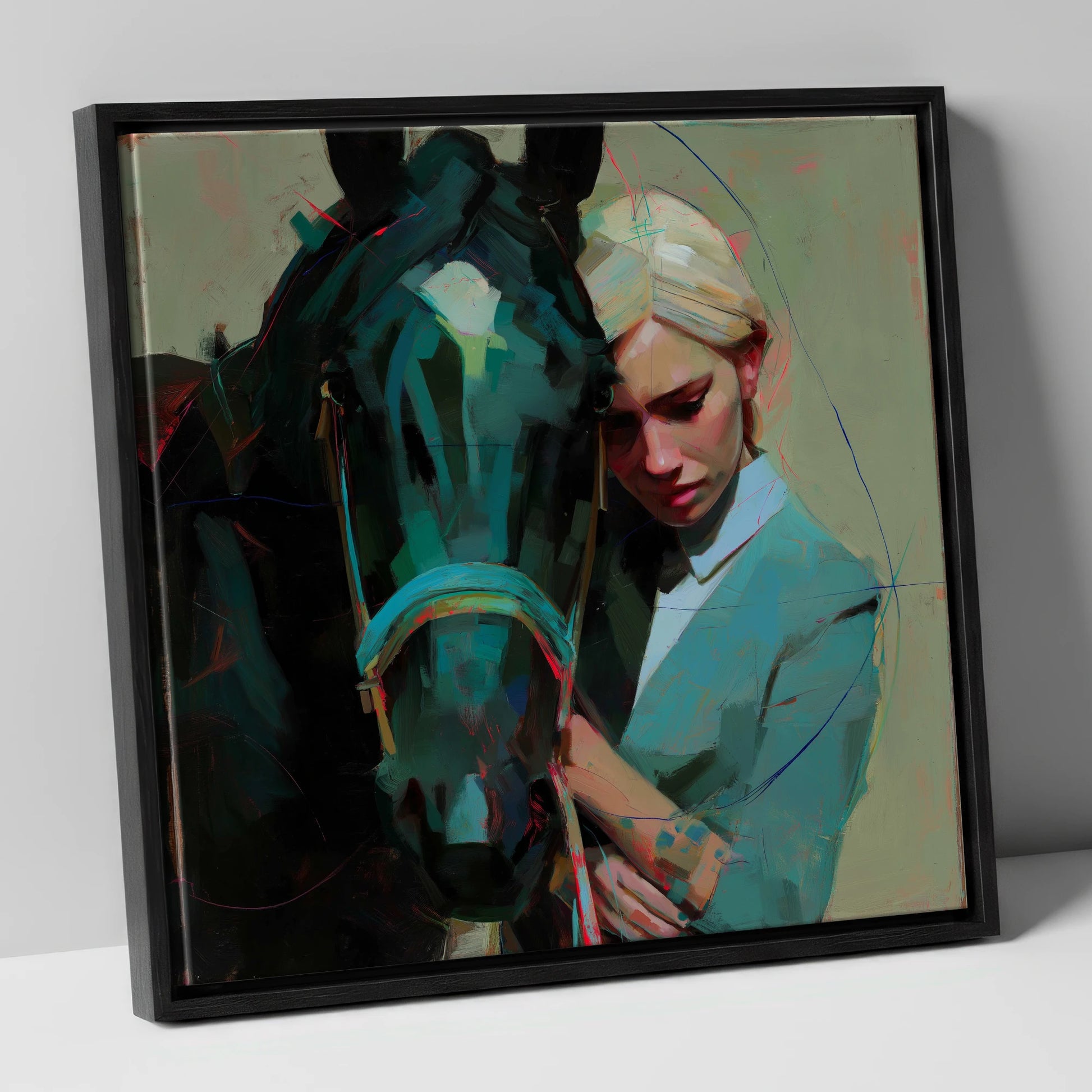 Silent Understanding horse & rider canvas wall art in black frame
