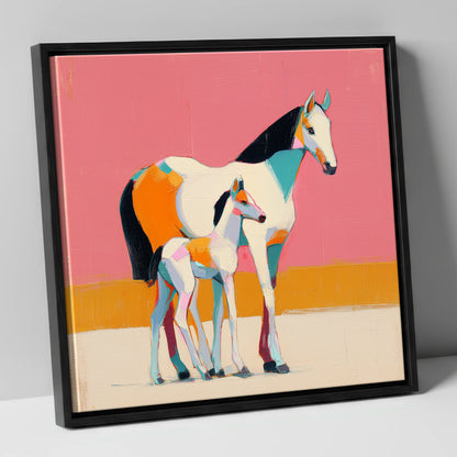 Vivid Painted Bond mare & foal canvas wall art in black frame