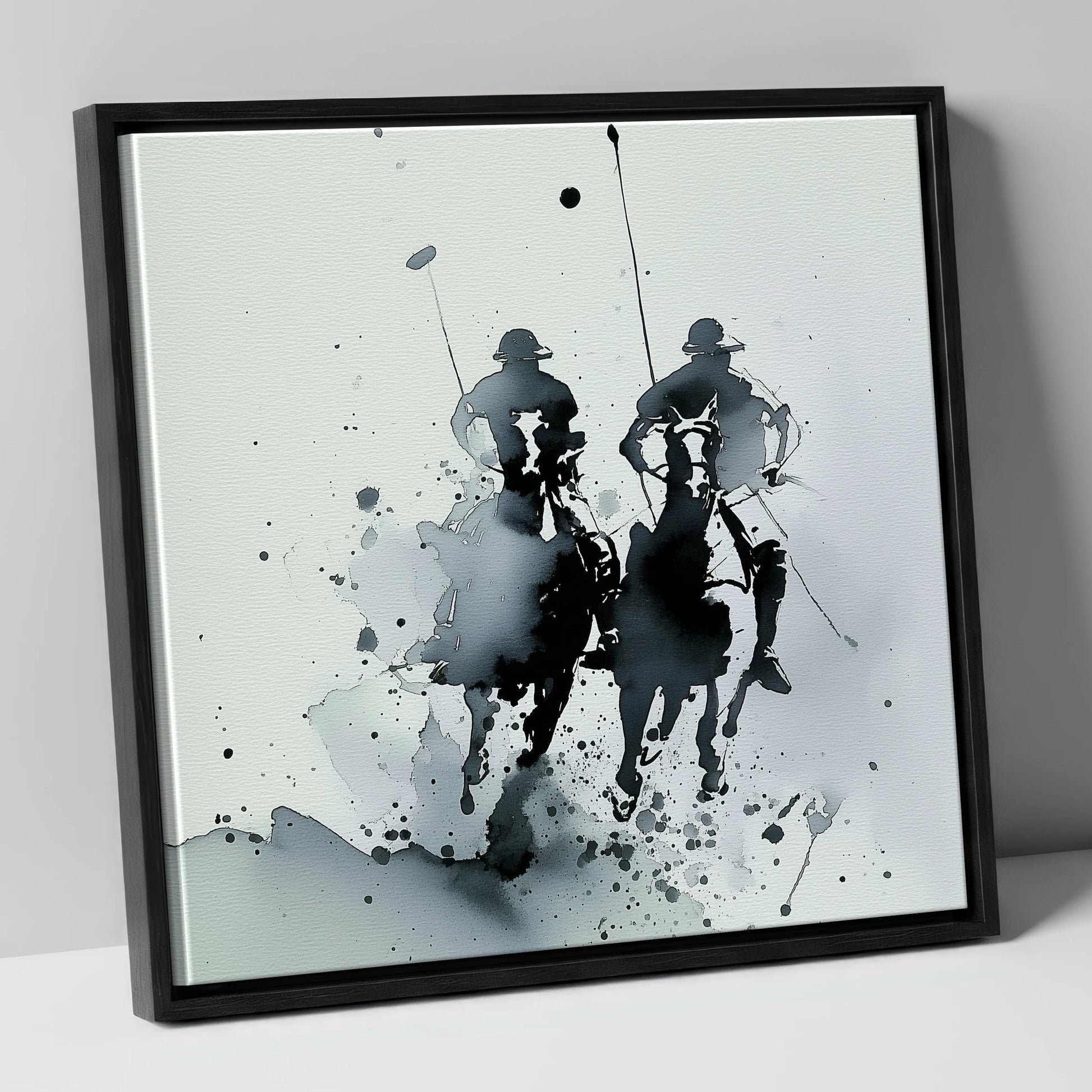 Thundering Polo Pursuit polo horse canvas wall art in black frame