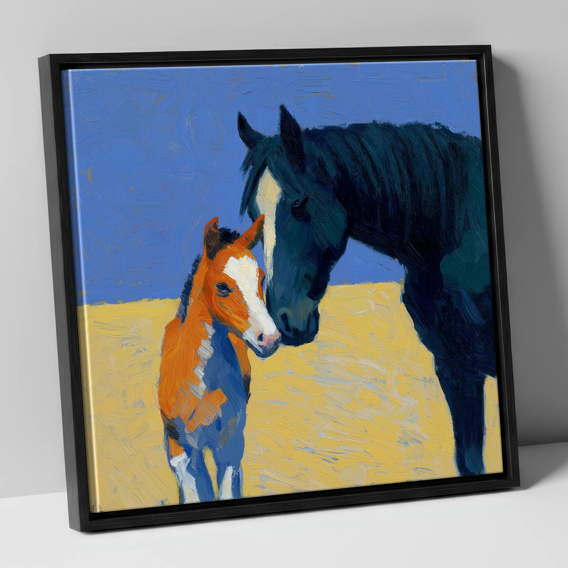 Sun-Drenched Bond mare & foal canvas wall art in black frame