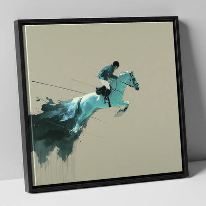 Momentum in Teal show jumping horse canvas wall art in black frame