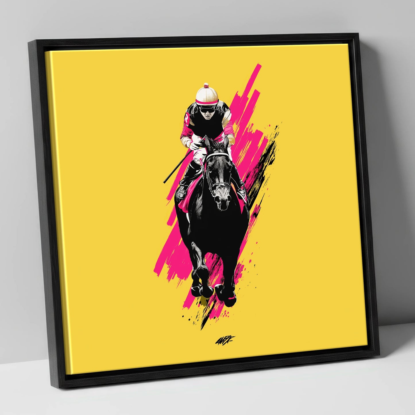 The Front Runner racing horse canvas wall art in black frame