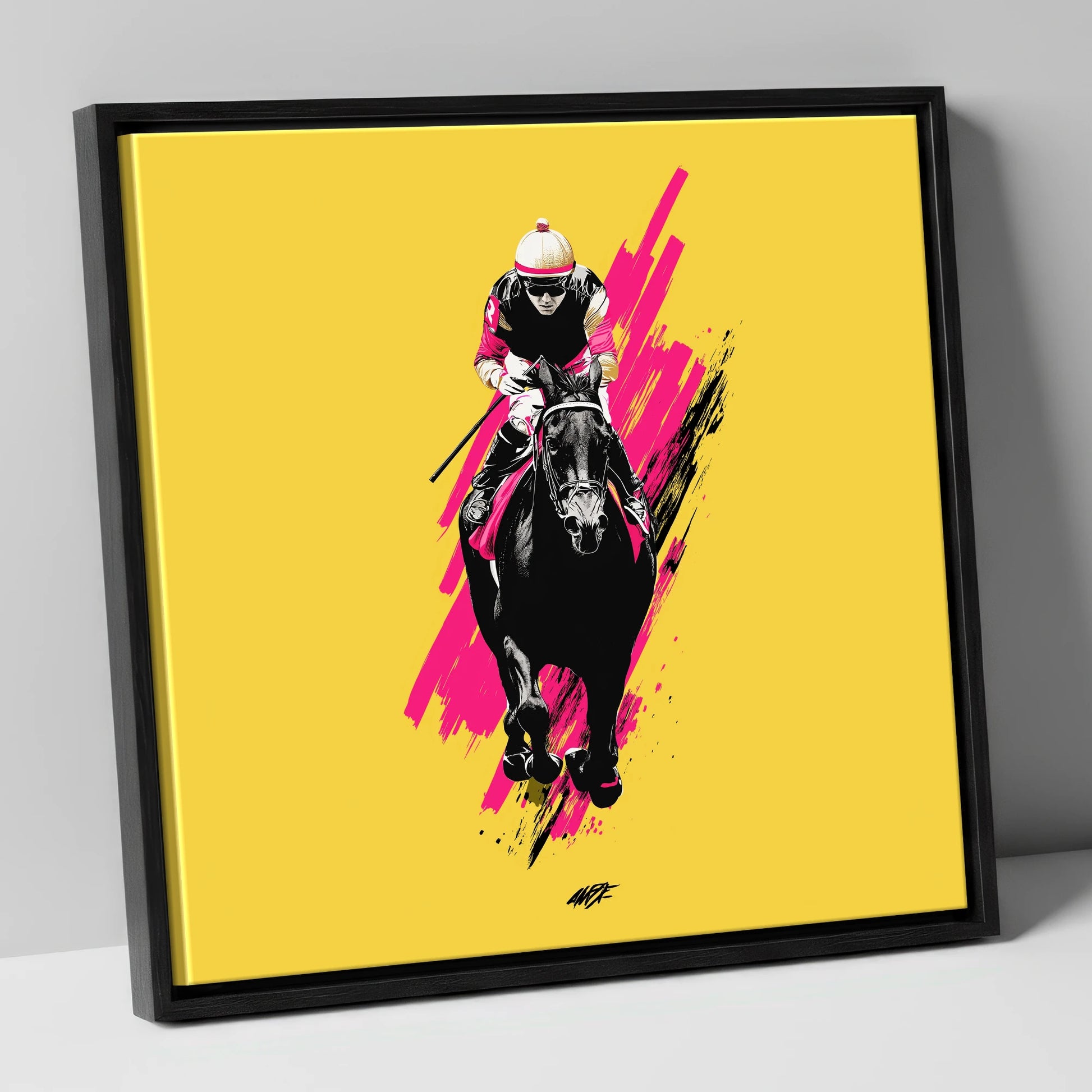 The Front Runner racing horse canvas wall art in black frame