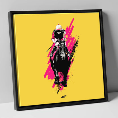 The Front Runner racing horse canvas wall art in black frame