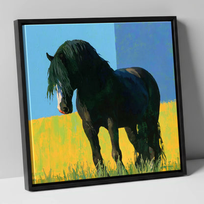 Black Cob in Yellow Field horse breed canvas wall art in black frame