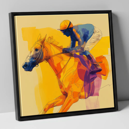 Golden Stride racing horse canvas wall art in black frame