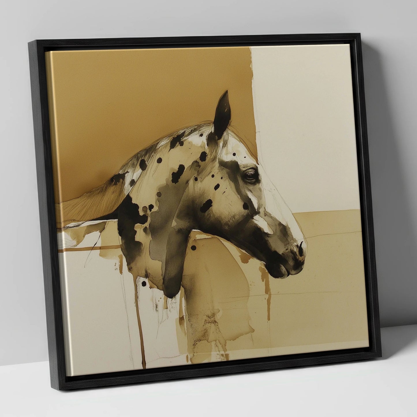 Spotted Sepia Study horse breed canvas wall art in black frame