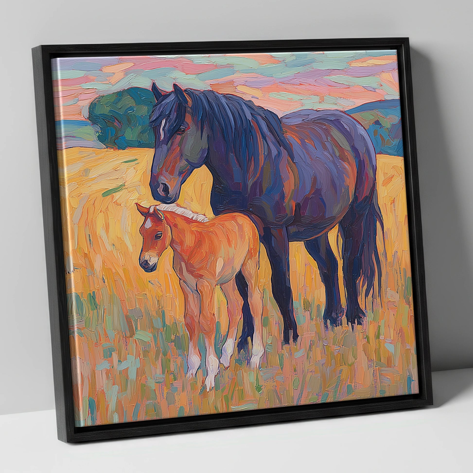 Vibrant Bond Mare and Foal mare & foal canvas wall art in black frame