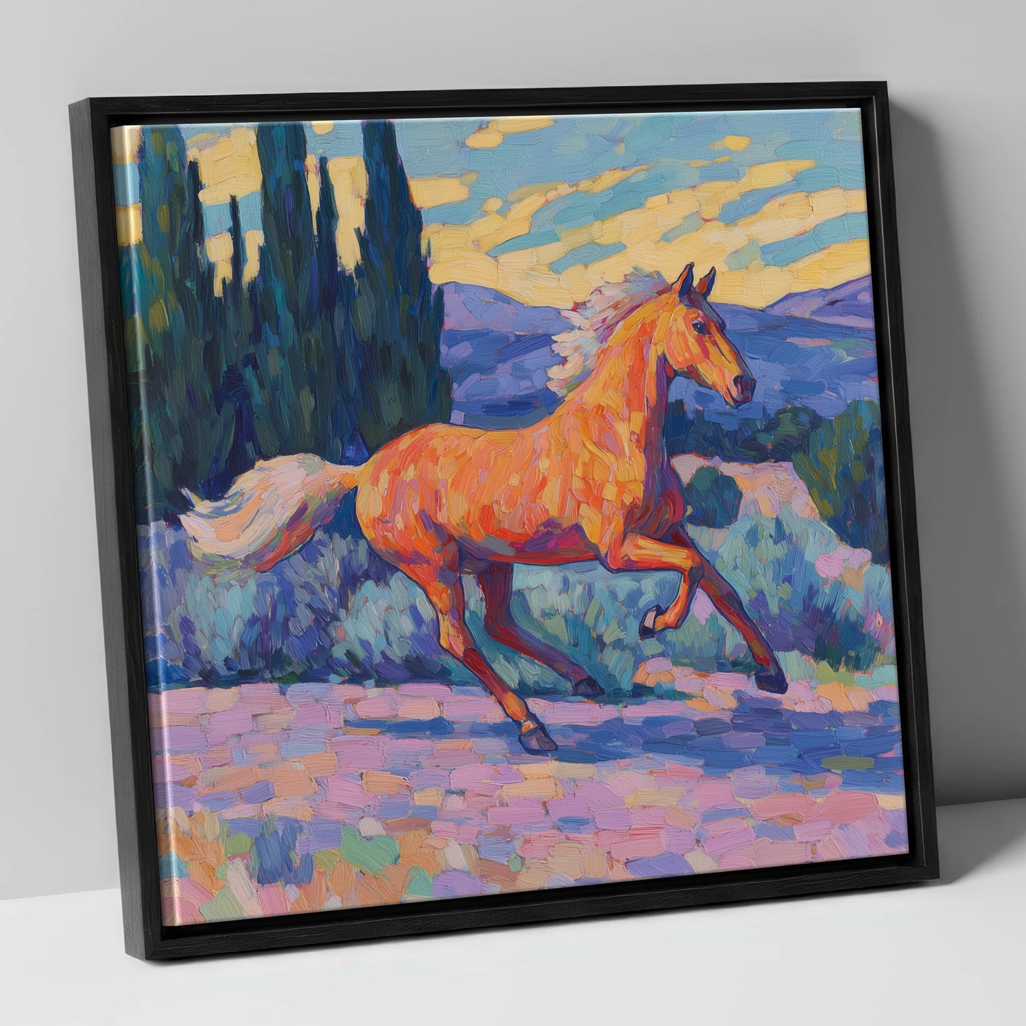 Vibrant Golden Canter horse breed canvas wall art in black frame