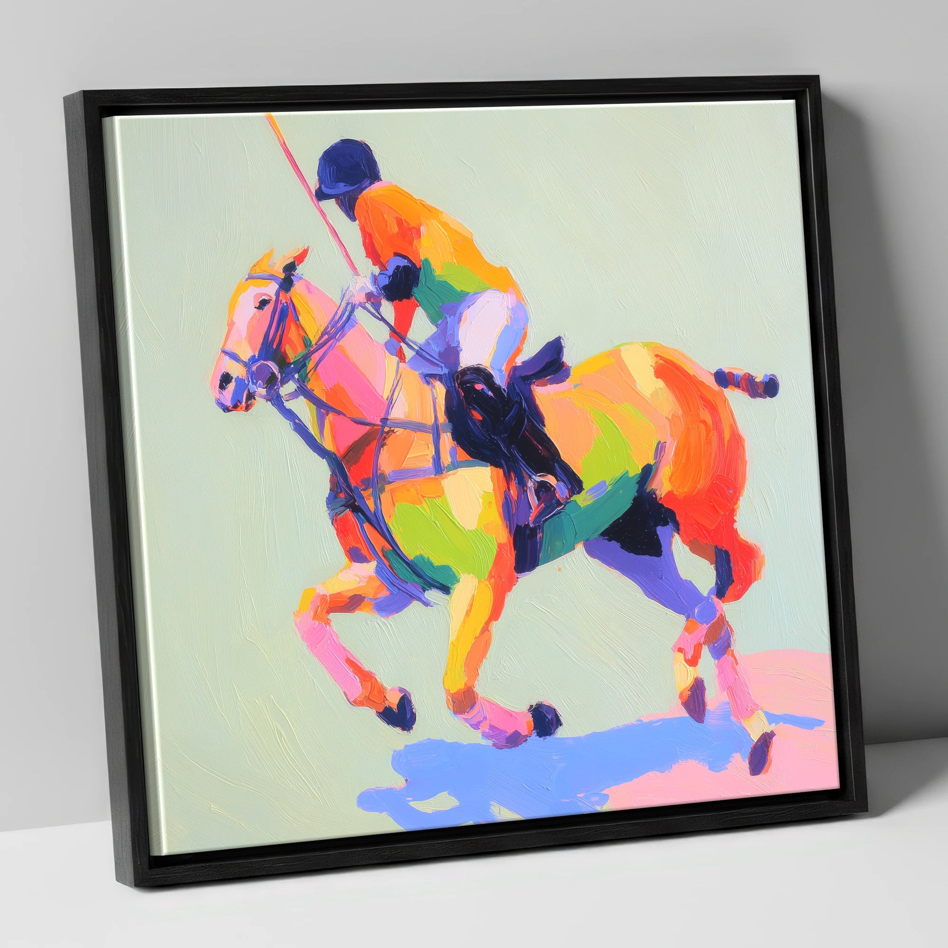 Technicolour Polo Stride polo horse canvas wall art in black frame