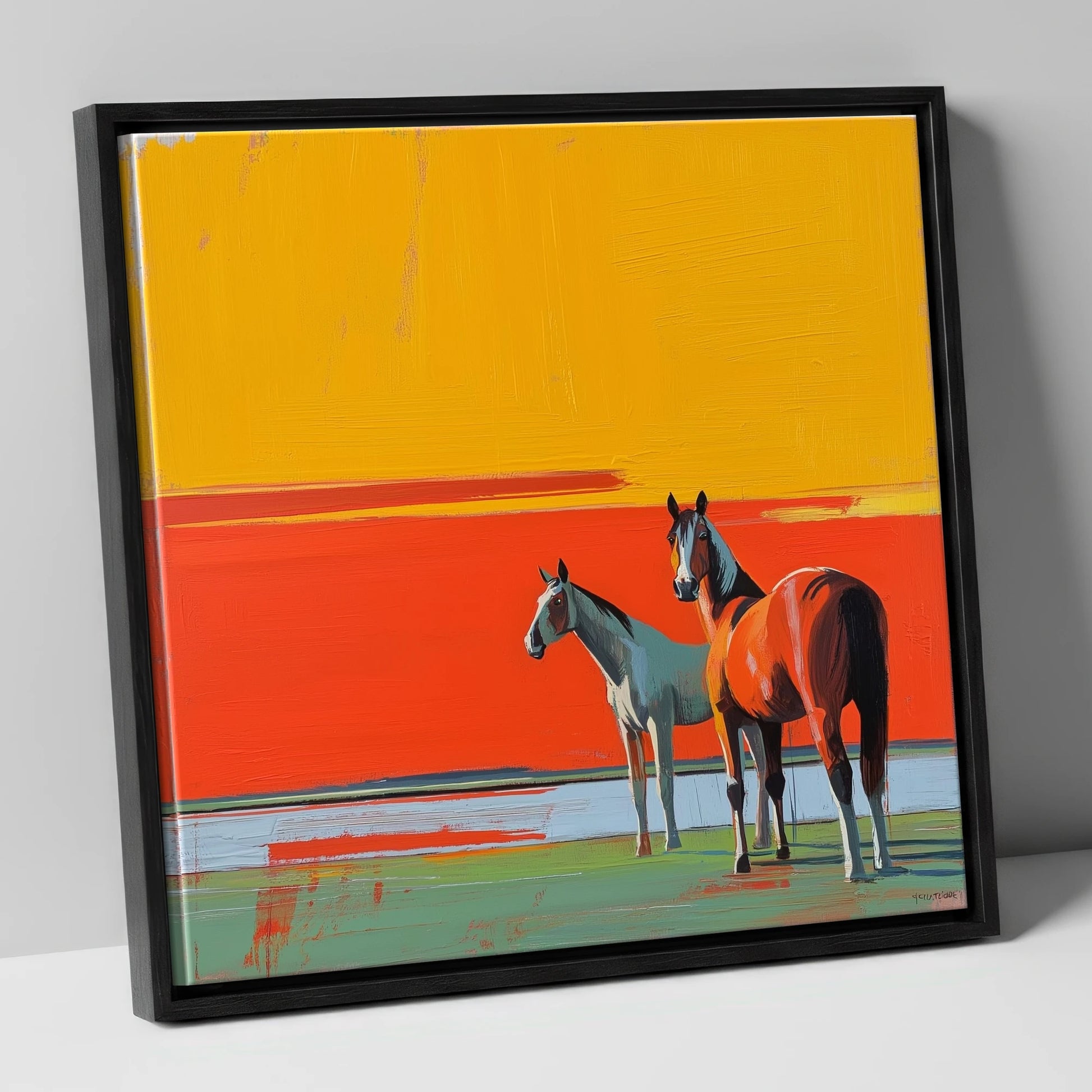 Golden Horizon Companions horse landscape canvas wall art in black frame