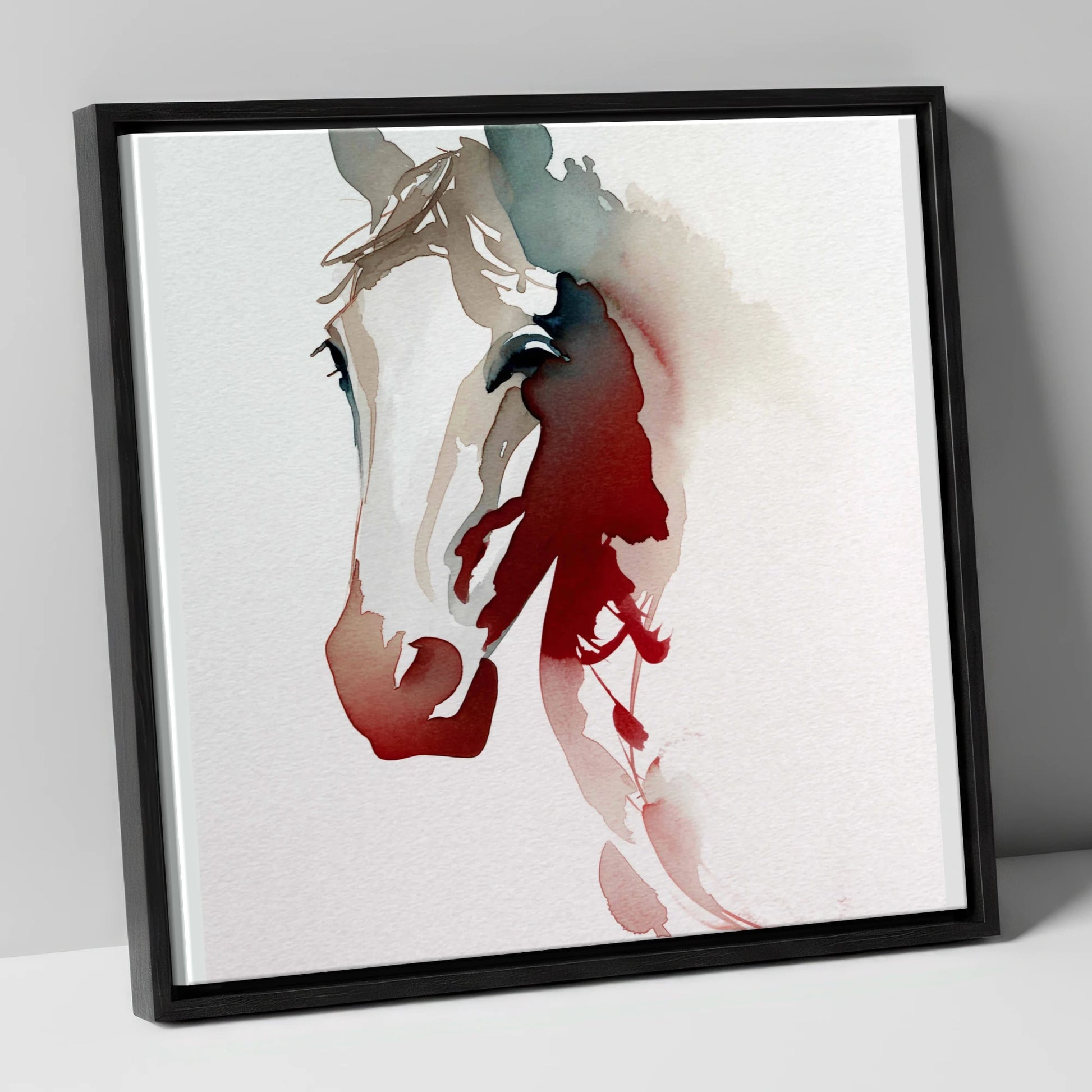 Ethereal Crimson Profile horse portrait canvas wall art in black frame