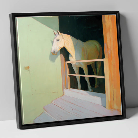 Sunlight and Shadows horse stable canvas wall art in black frame