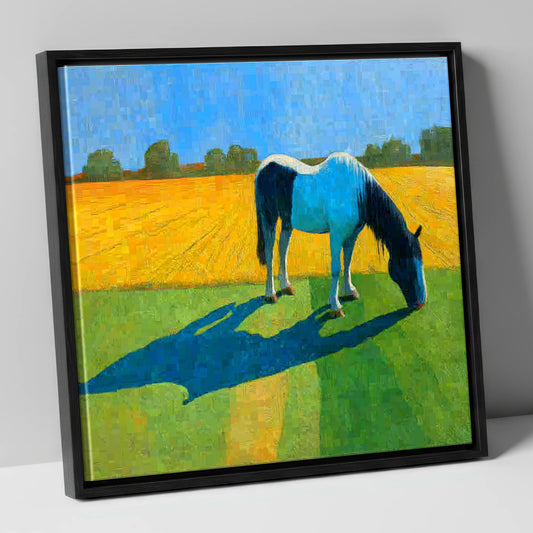 Sunlit Piebald Grazer working horse canvas wall art in black frame
