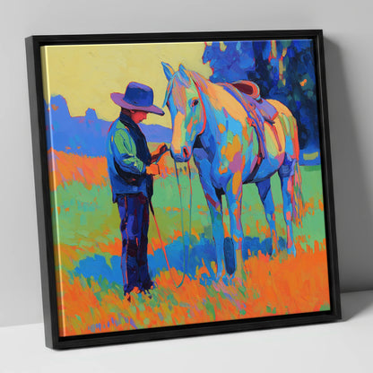 Cobalt Connection horse & rider canvas wall art in black frame