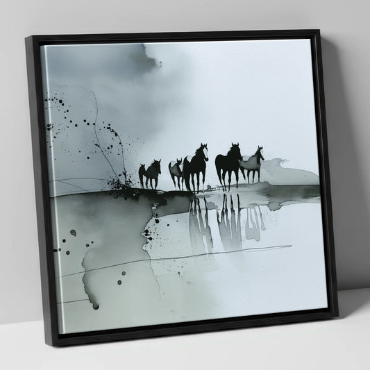 Reflections of the Wild Herd wild horses canvas wall art in black frame