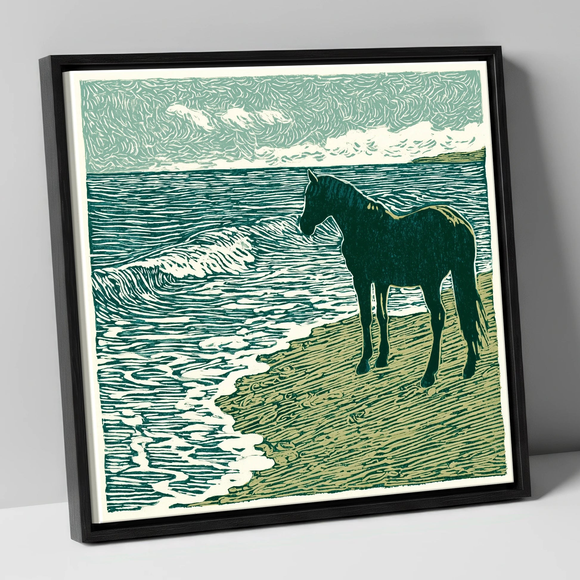 Shoreline Watch horse landscape canvas wall art in black frame