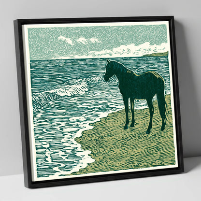 Shoreline Watch horse landscape canvas wall art in black frame