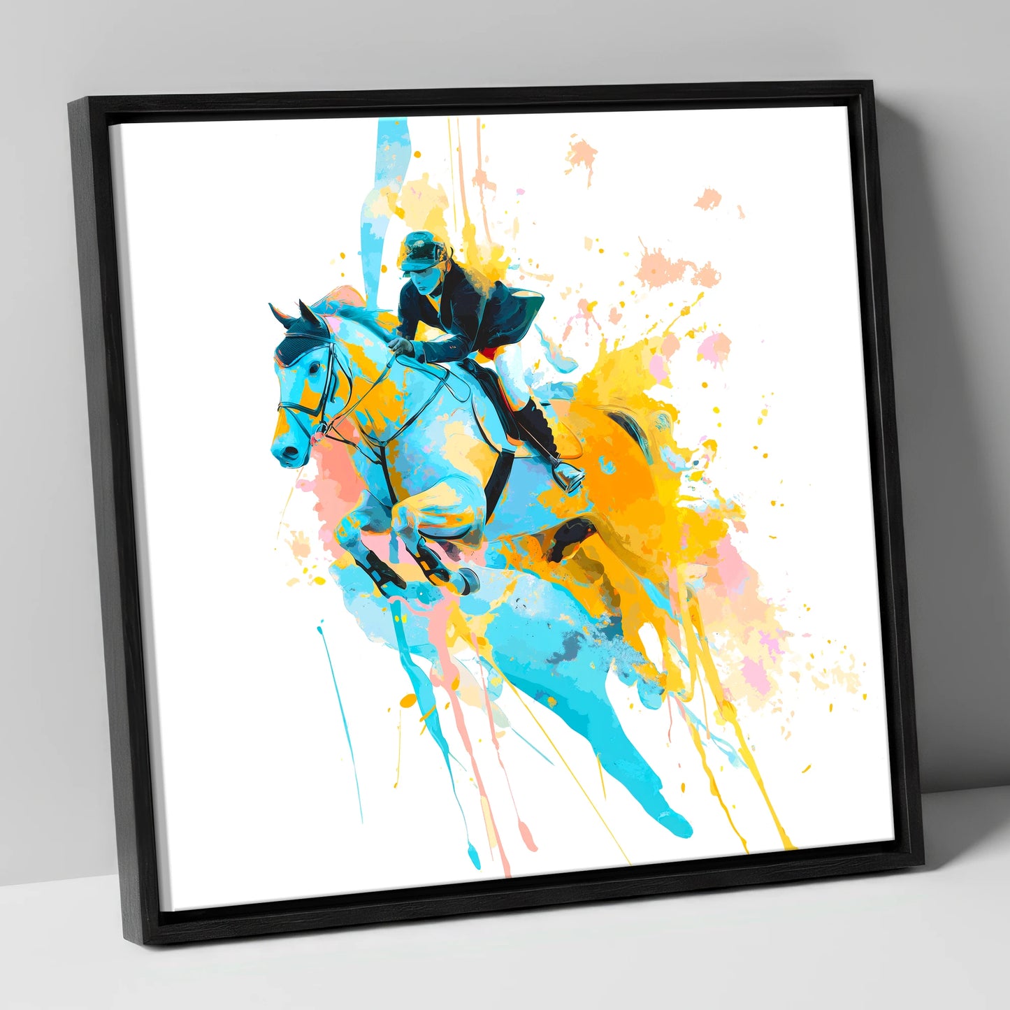 Airborne In Colour show jumping horse canvas wall art in black frame