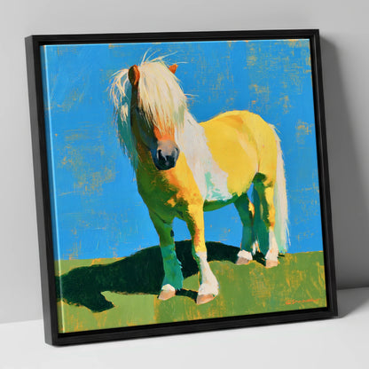 Sunlit Shetland Pony Portrait horse breed canvas wall art in black frame